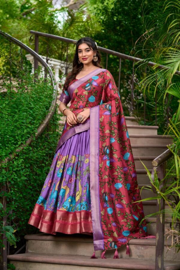 1222LUVMAIN.jpg Lavender Color Kalamkari Print With Zari Weaving Dola Silk Voni Lehenga Choli