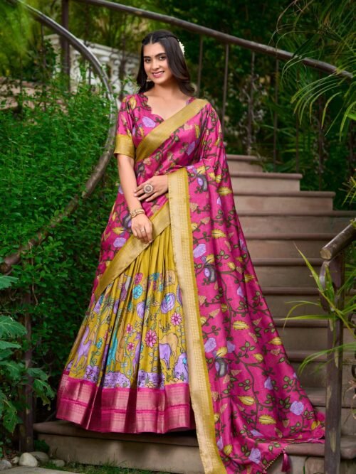 1222MATMAIN.jpg Mustard Dola Silk Lehenga Choli Set with Kalamkari Print and Zari Weaving