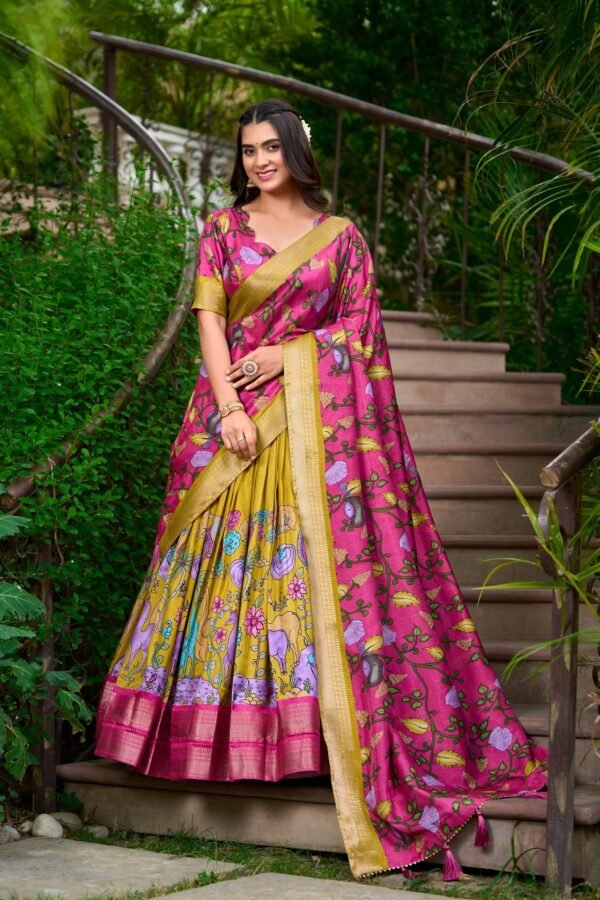 1222MATMAIN.jpg Mustard Dola Silk Lehenga Choli Set with Kalamkari Print and Zari Weaving