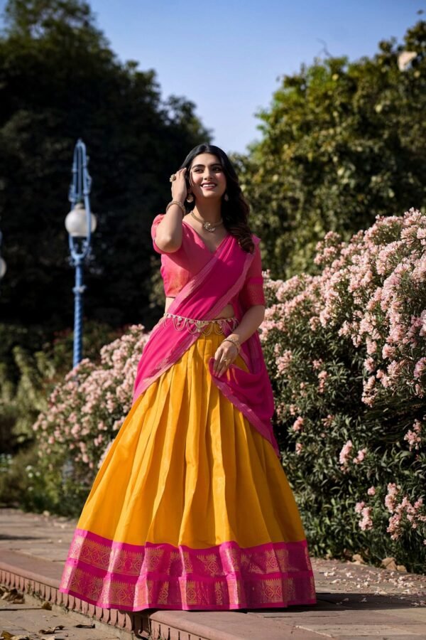 2001MSTMAIN_526143c7-6de3-4109-92af-b2f92a6a9f92.jpg Mustard Color Zari Weaving Work Kanchipuram South Indian Lehenga Choli