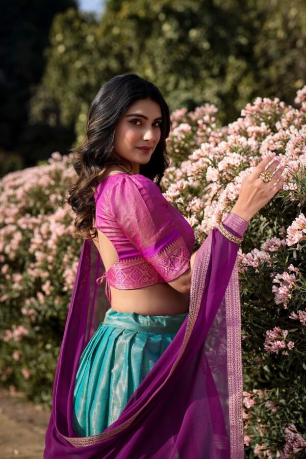 2001SBLCLO1.jpg Sky Blue Color Zari Weaving Work Kanchipuram Women Lehenga Choli