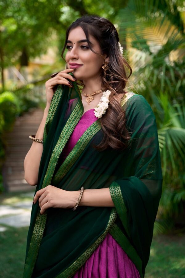 Pink Color South Style Poly Cotton Half Saree with Zari Weaving Lehenga and Elegant Dupatta