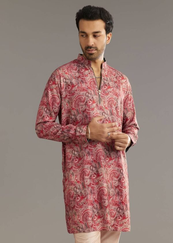 366_2 Red Pashmina Silk Zipper Kurta Set with Paisley Swirl Print