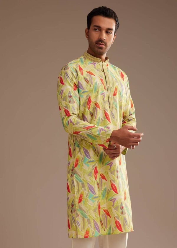 369_2 Lime Green Silk Leaf Printed Kurta Set