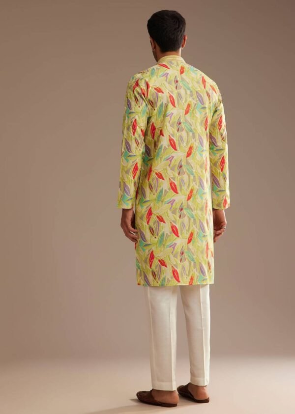369_4 Lime Green Silk Leaf Printed Kurta Set