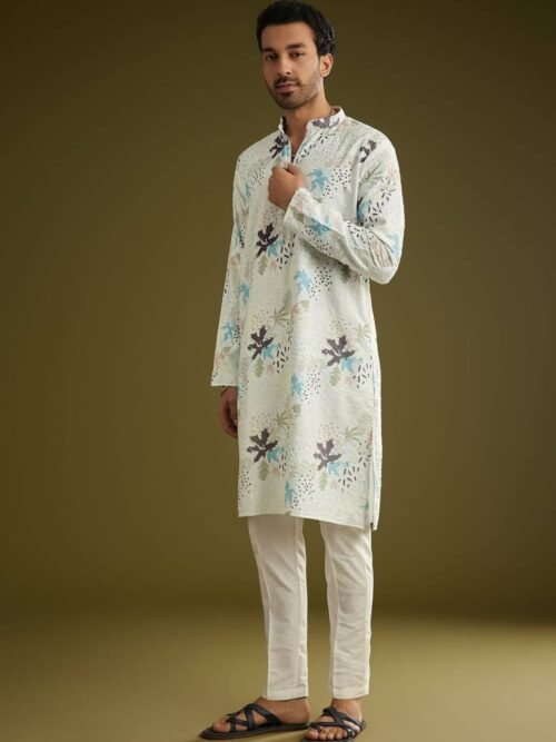 371_1 White Linen Zipper Kurta Set With Abstract Leaf Motifs
