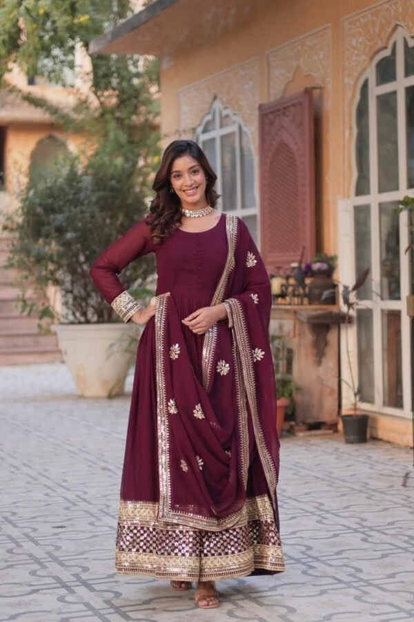 KA-1135MAROON_1.jpg Sophisticated Maroon Zari Sequins Embroidered Gown