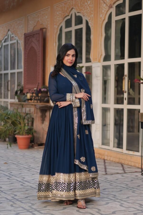 Royal Blue Faux Blooming Gown with Zari Sequins Embroidery