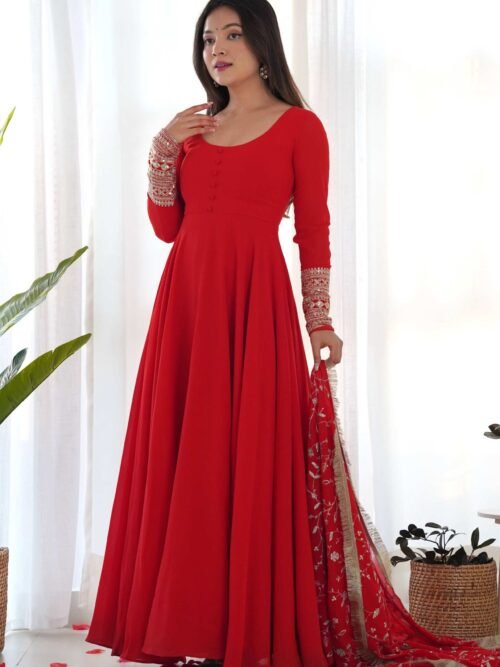 KB-241RED_3_87da4458-33ae-4db9-8e43-ddb1c4bc859a.jpg Gourgeous Red Color Georgette Gown Full Set with Embroidered Dupatta