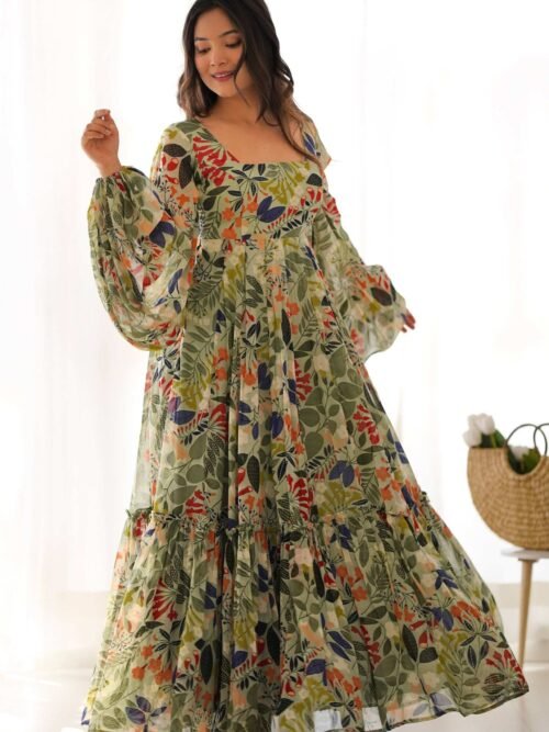 KB-267_5.jpg Elegant Floral Print Soft Fox Georgette Maxi Dress with Balloon Sleeves - Fully Flared