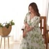 Elegant White Soft Georgette One-Piece Dress with Green Floral Print