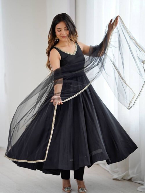 KB-285BLACK_3.jpg Black Color Sleeveless Roman Silk Chanderi Anarkali Suit
