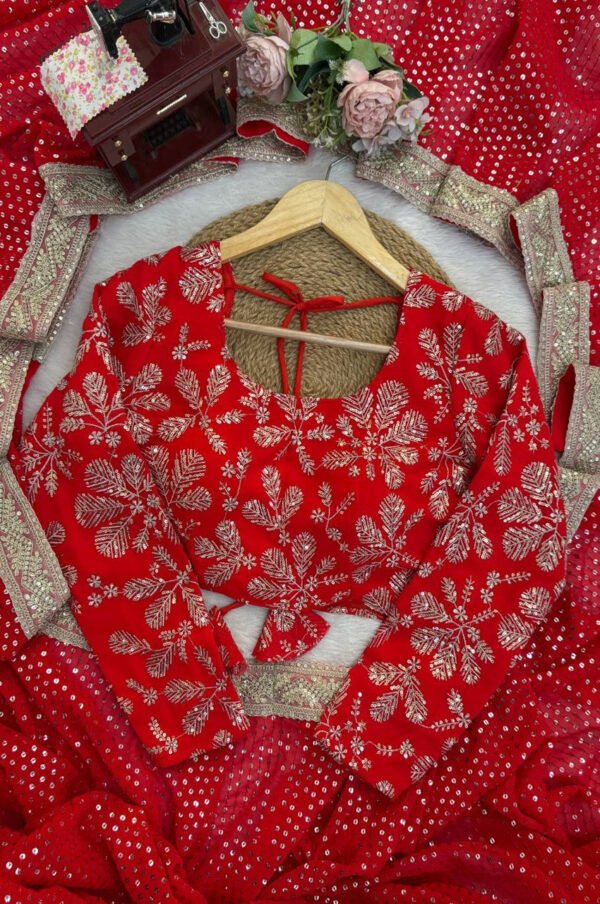 KD626red_1.jpg Premium Red Faux Blooming Georgette Saree with Thread & Sequence Work