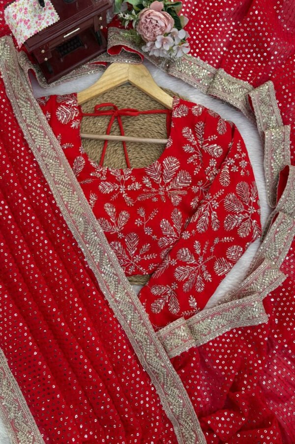 KD626red_2.jpg Premium Red Faux Blooming Georgette Saree with Thread & Sequence Work