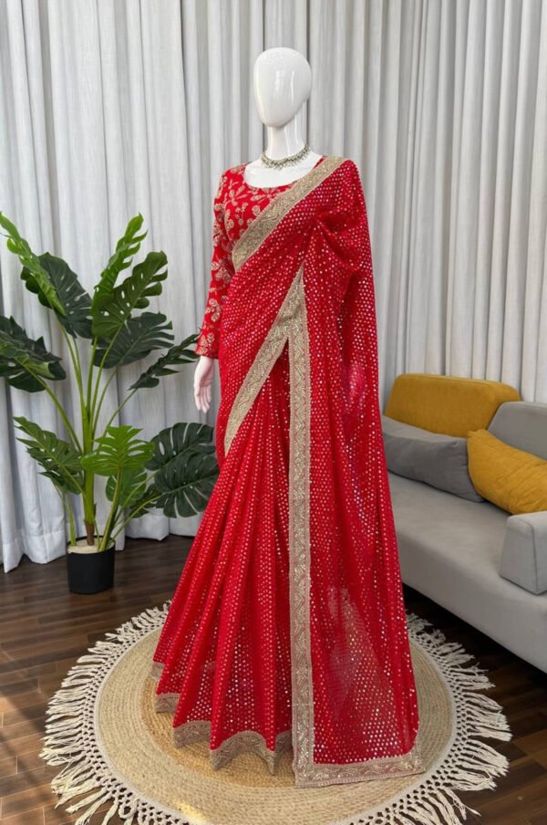 KD626red_3.jpg Premium Red Faux Blooming Georgette Saree with Thread & Sequence Work