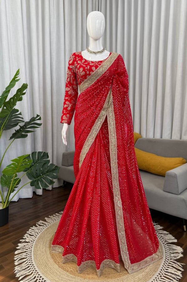 KD626red_4.jpg Premium Red Faux Blooming Georgette Saree with Thread & Sequence Work