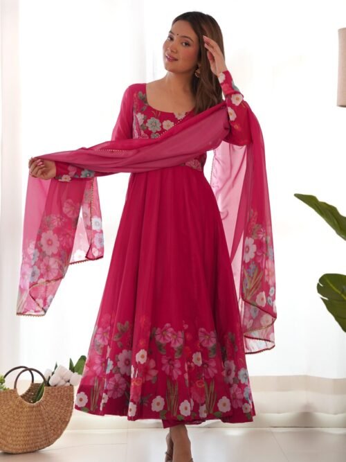 NKB-25BEETRED_4.jpg Rani Pink Flower Print Organza Silk Anarkali Suit Set