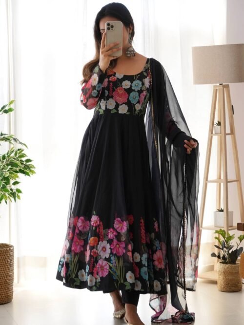 NKB-25BLACK_3.jpg Elegant Black Floral Print Anarkali with Zari Work and Dupatta - Ready-to-Wear