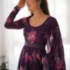 Feel Like Royalty in this Wine Color Floral Gown with Lucknowi Belt and Dupatta