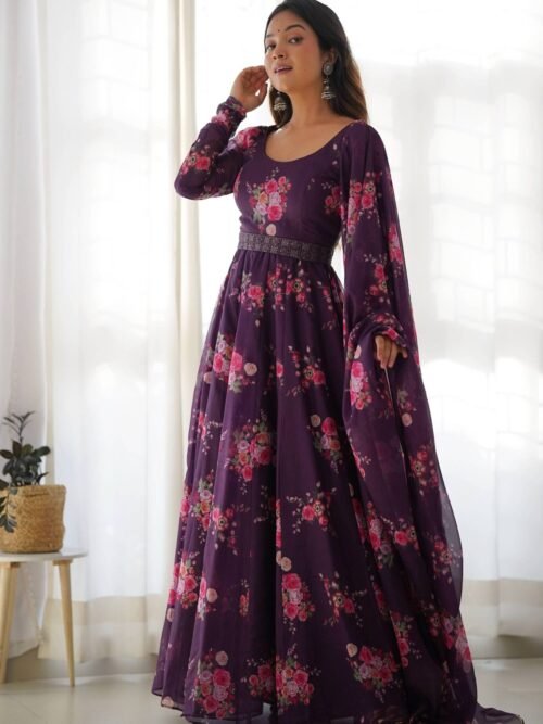 NKB-26_WINE_1.jpg Feel Like Royalty in this Wine Color Floral Gown with Lucknowi Belt and Dupatta