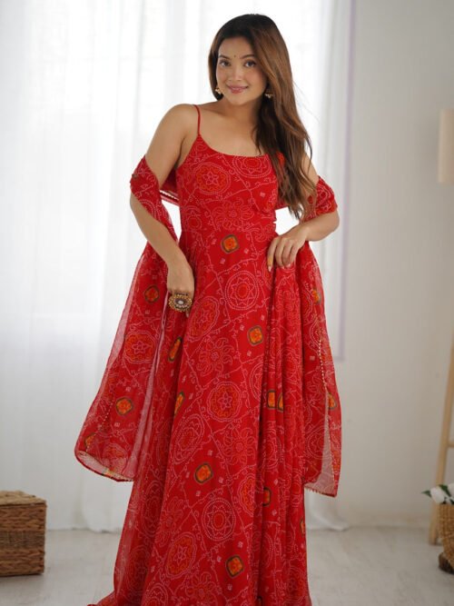 NKB-31_4.jpg Red Bandhej Print Chiffon Anarkali Gown with Dupatta