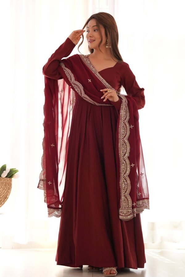 NKB-40MAROON_3.jpg Elegant Maroon Roman Chanderi Silk Anarkali Set with Dupatta and Pants