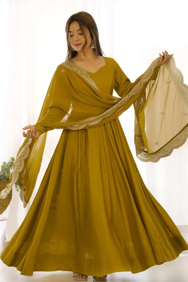 NKB-40_MUSTARD_1.jpg Mustard Chanderi Roman Silk Anarkali Gown with Embroidered Dupatta