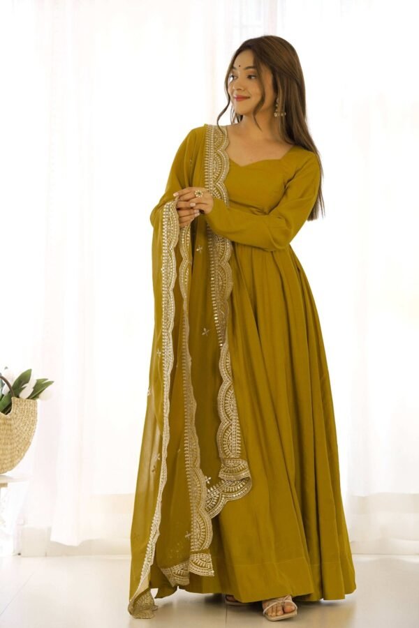 NKB-40_MUSTARD_3.jpg Mustard Chanderi Roman Silk Anarkali Gown with Embroidered Dupatta