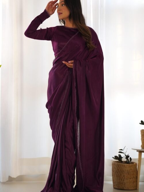 NKB-46WINE_3.jpg Wine Velvet Ready-to-Wear Saree with Fully Stitched Blouse