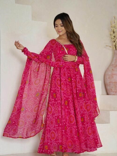 NKB-48RANI_1.jpg Rani Pink Bandhej Print Chiffon Anarkali Suit Set