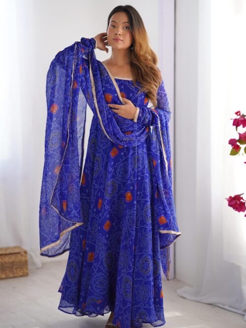 NKB-48ROYAL_4.jpg Royal Blue Bandhej Print Anarkali Suit Set