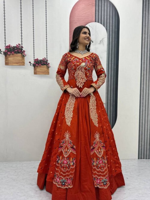 Pc-528_5_3d33743f-637b-45ce-8cd6-790cc8927b0e.jpg Orange Crop Top Lehenga Set with Heavy Embroidery & Stylish Shrug Look