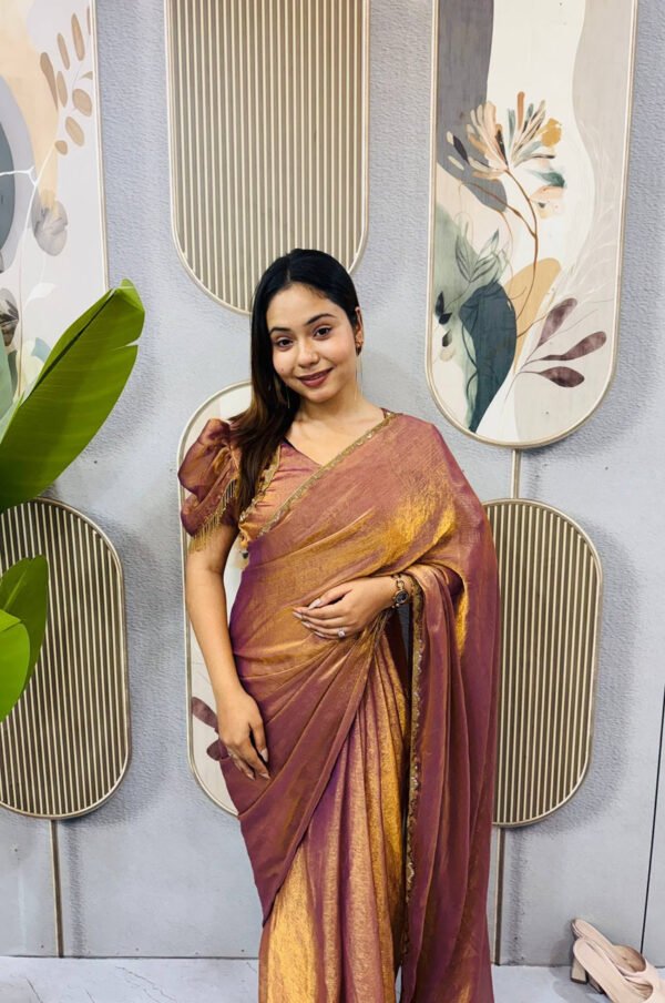 SG-239_12.jpg Copper Color Space Silk Gown Saree with Beads Lace & Dupatta