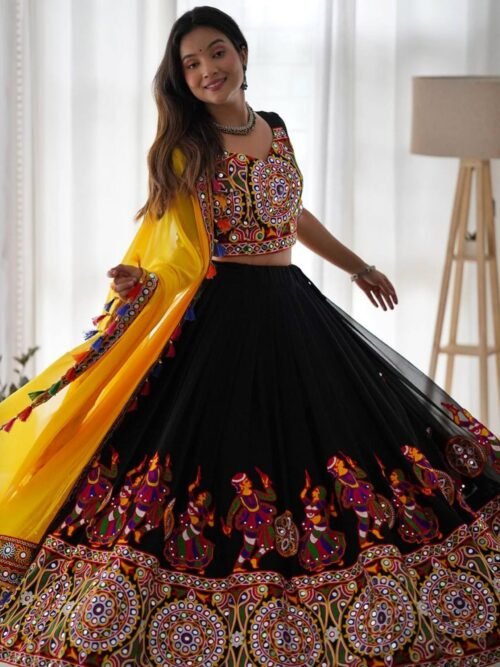 SP-24BLACK_3.jpg Black Faux Georgette Chaniya Choli with Original Mirror Work