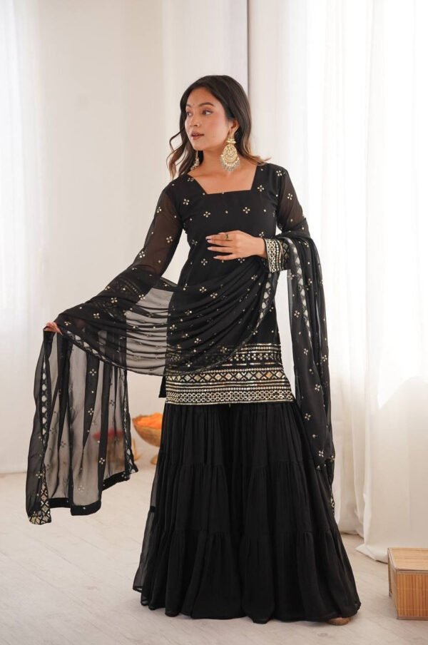 SRK-5317BLACK_5.jpg Black Sequin Work Ruffle Sharara Suit Set