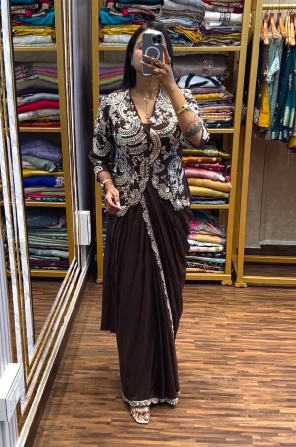ST-1135_2.jpg Elegant Brown Indo-Western Drape Saree Set