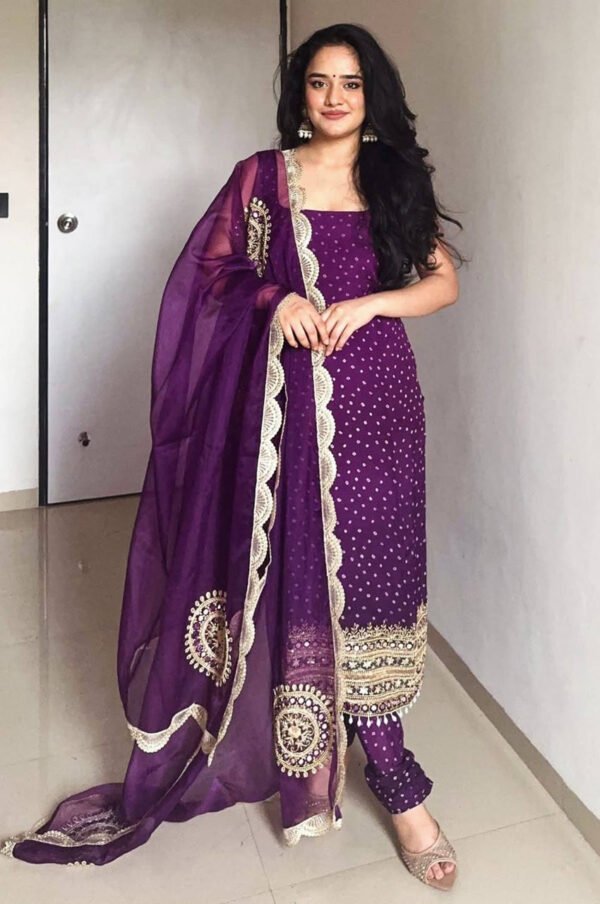 Purple Bandhej Mirror Work Kurti Set