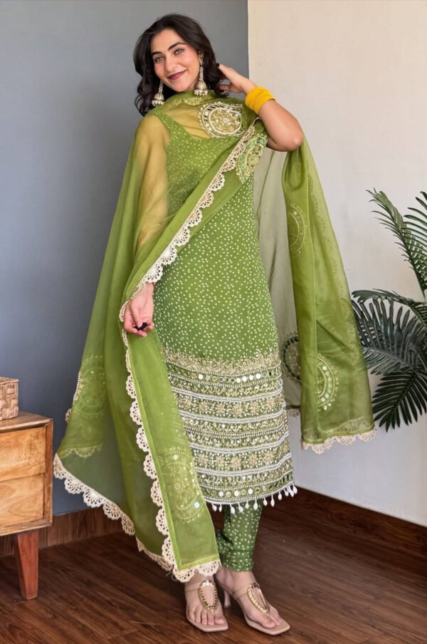 ST-1142_1.jpg Moss Green Bandhej Mirror Work Kurti Set