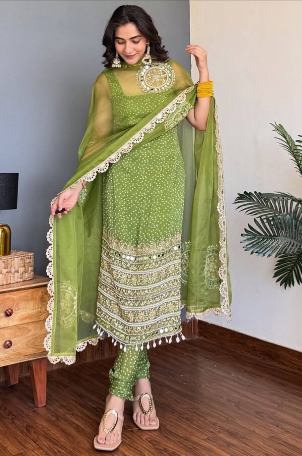 ST-1142_2.jpg Moss Green Bandhej Mirror Work Kurti Set