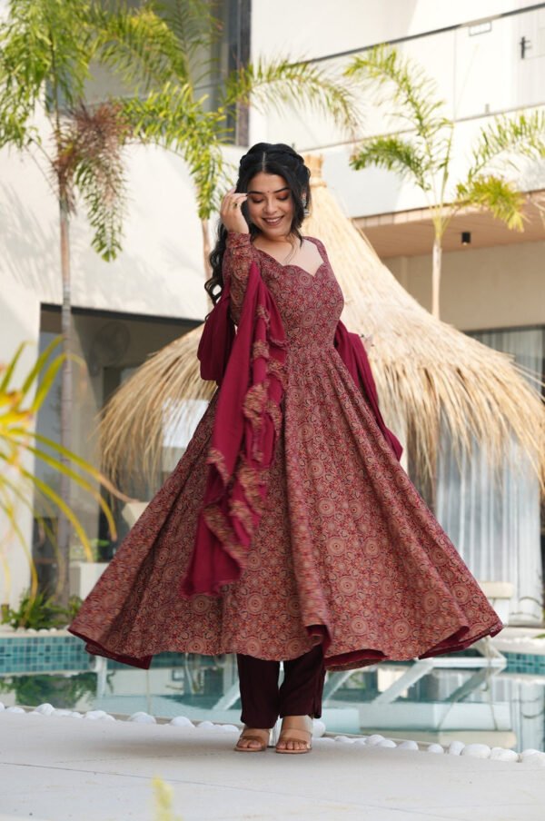 TAN144_1.jpg Traditional Ajrakh Print Maroon Cotton Anarkali Suit