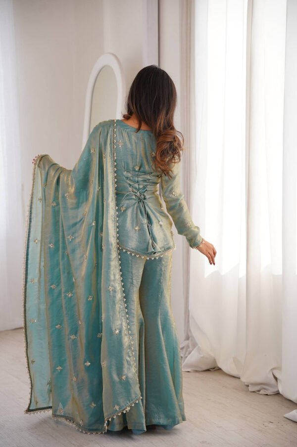 ZSR-3159_2.jpg Steel Green Fendy Silk Sharara Suit